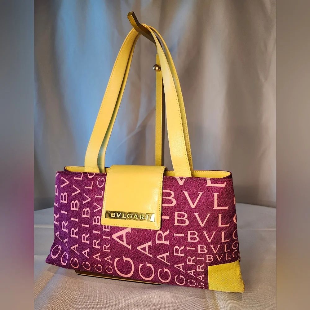 Bvlgari Logo Canvas & Leather Shoulder Bag Purple & Yellow Bulgari - Picture 2 of 16